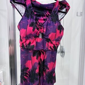 SHEIN Pink and Purple Palm Print Swimsuit